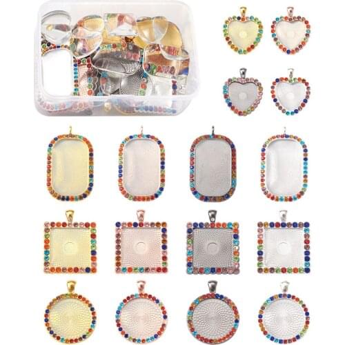 1Box Alloy Rhinestone Pendant Cabochon Settings with Transparent Glass Crystal Cabochons For DIY Necklace Jewelry Making Decor