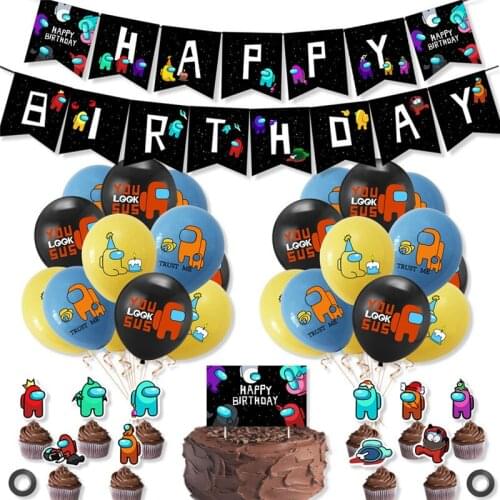1Set Among Game Happy Birthday Latex Balloon Banner Cake Topper Game Theme Party Decorations Pet Cartoon Toys For Adult Kids