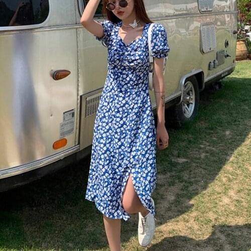 2021Floral PrintV-neck Puff Short Sleeve Women Dress High Split Party Long Dresses Elegant Lace Up Sweet Summer Club Sexy Dress