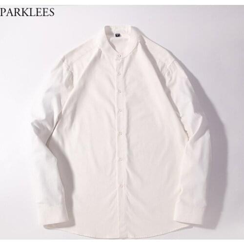 2021 New White Band Collar Shirt for Men Slim Fit Long Sleeve Cotton Shirts Mens Casual Button Down Shirt Male Chemise Homme 3XL