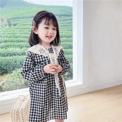 2021 Spring New Korean Baby Girl Plaid Dress Kids Girls Cotton Long-sleeved Buttoned Dress with Lace Shawl Toddler Outwear 2-7Y