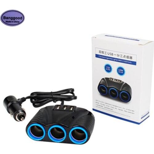 DC 12V/24V 120W 3 Way Auto Sockets Car Cigarette Lighter Adapter 5V 3.1A Output Power 3 USB Ports Splitter Outlet Car Charger