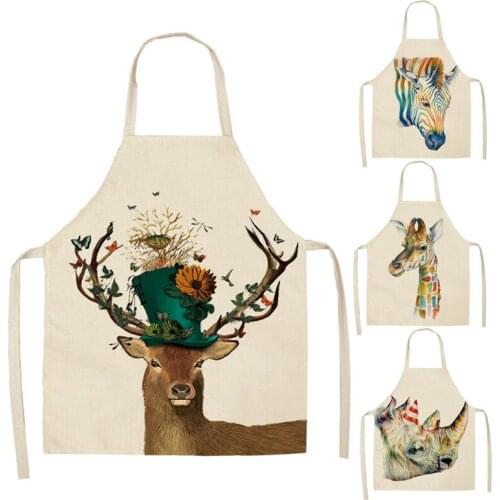 Wild Animals Printed Kitchen Aprons for Women Kids Sleeveless Cotton Linen Bibs Cooking Baking Cleaning Tools