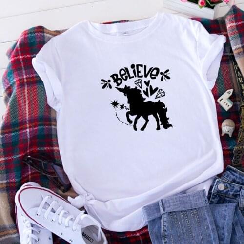 100% Cotton Oversized Womens T-shirts O-Neck Harajuku Cute Kawaii Cartoon Funny Unicorn Heart Diamond Top Casual Female T shirt