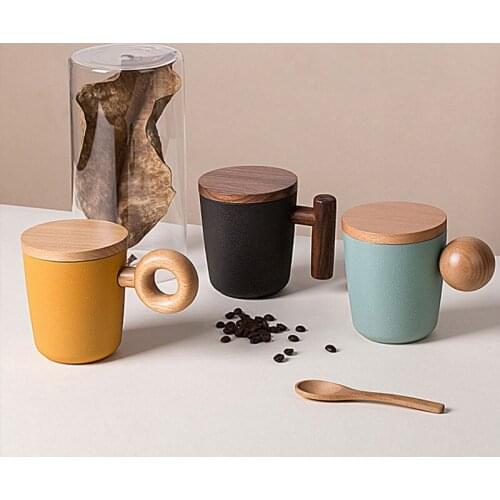 Ceramic Coffee Cup Creative Breakfast Milk Tea Cup Mug Nordic Drinkware Office Household Couple Water Cups Wooden Handle Mug