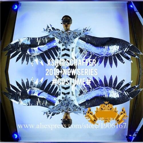 Stage Performance Women Silver Mirror Clothes Dance Team Suit With Wings Christmas Halloween Ballroom Cosplay Costumes