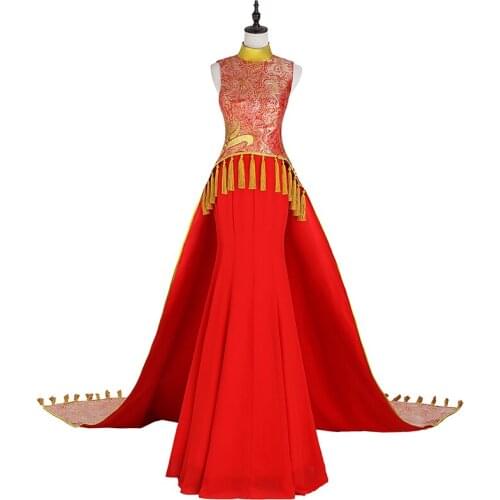 Red Mermaid Chinese Wedding Dress Married Satin Cheongsam Bride Oriental Style New Yeae Evening Dresses Sleeveless Trailing