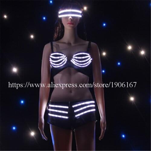 Fashion Led Sexy Lady Dress Flashing Luminous Light Up Clothes Pants Bra Glassess Suit Ballroom Costume Dance Wear LED Clothing