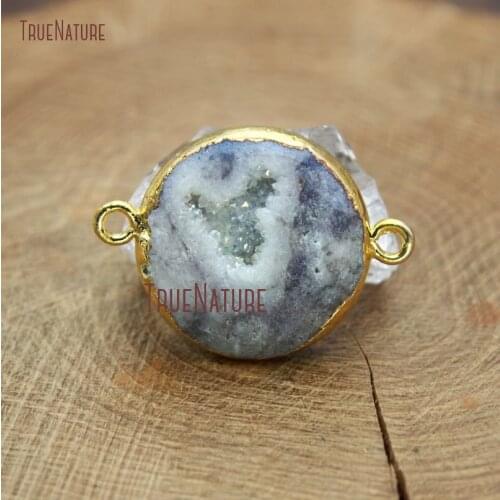 Wholesale Natural Agates Geode Druzy Connectors Pure Gold Color Round Shape Connector Jewelry Findings Approx 25 mm PC9337