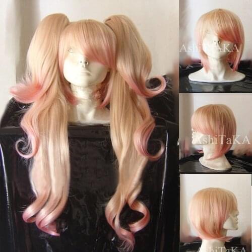 High Quality Anime Danganronpa Junko Enoshima Wig Light Pink Ombre Heat Resistant Hair Clip Ponytails Cosplay Wig + Wig Cap