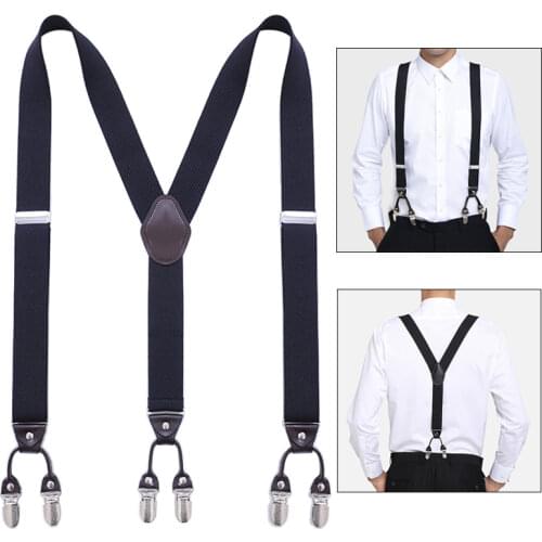 Mens Vintage Suspenders Heavy Duty Big and Tall Y Shape 6 Clips Adjustable Elastic Wedding Party Tuxedo Trouser Braces-Black