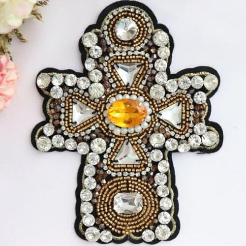 Handmade sewing Rhinestone beaded patches for Clothes Cross parches Sew on Sequins Applique decorative parches bordados para