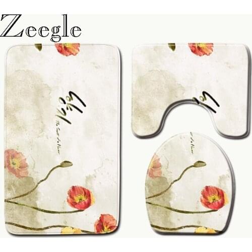 Floral Printed Bathroom Bath Mat Toilet Carpet Anti Slip Toilet Seat Cover Mat Absorbent Shower Shaving Foot Rest