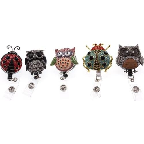 Silver multicolour enamel Rhinestone insect owl animal Retractable ID Badge Holder for decoration