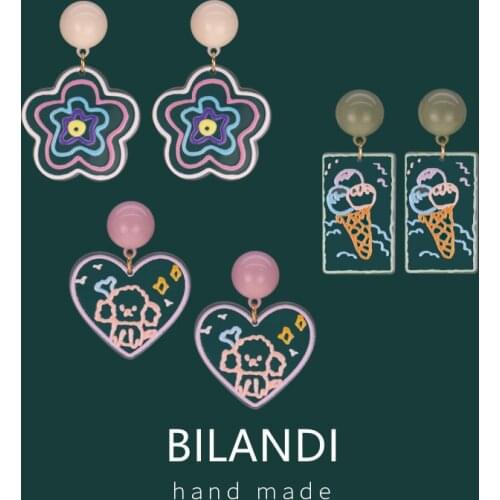 Bilandi S925 needle Heart Flower Resin Earrings 2021 New Colorful Transparent Cute Ice Cream Dog Acetate Earrings For Girl Gifts