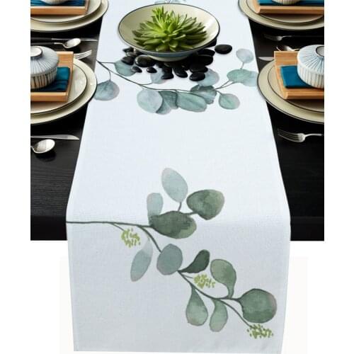 Plant Leaves Green White Table Runner Wedding Decor Table Cover Christmas Decoration Holiday Party Tablecloth