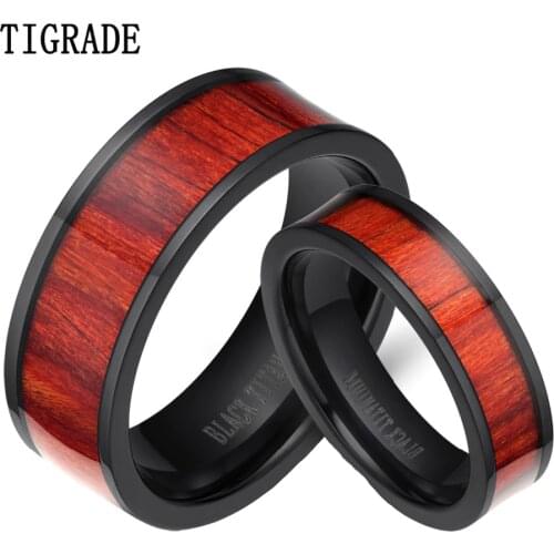 Tigrade 2pcs/Lot Unique Couple Rings Wood Inlay Flat Vintage Titanium Ring Men Women Wooden Wedding Band Engagement for Lover
