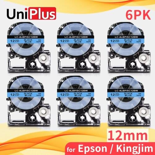 UniPlus 6PK Black on Blue 1/2" Labeling Tape SC12BW Replacement KingJim Label Tape 12mm Label Cassette for Epson Typewriter 300