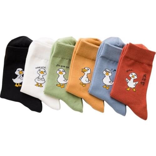 Funny Japanese Style Long Socks for Women Breathable Soft Cartoon Casual Duck Cotton Sweat Absorption Mid Tube Socks Nice Gifts