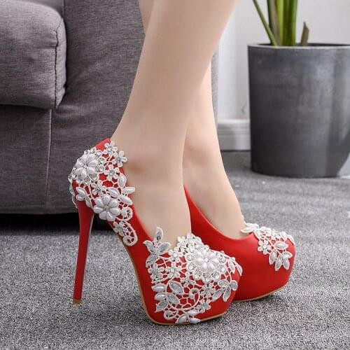 Women Shoes White Lace Flower Wedding Shoes Silver Crystal Beaded high Heels Sandals Platform Pumps for Party Banquet Bridesmaid