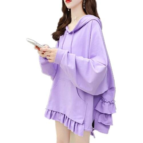 Autumn Women Oversized Casual Hoodie Layer Ruffles Hem Loose Hooded Sweatshirt Drop-Shoulder Split Side Lace Up Pullover Tops