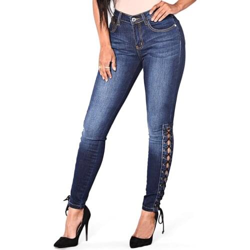 Womens Fashion Skinny High Waist Jeans Bandages Elastic Slim Body Jeans Side Lace Up Casual Ladies Denim Trousers S-3XL