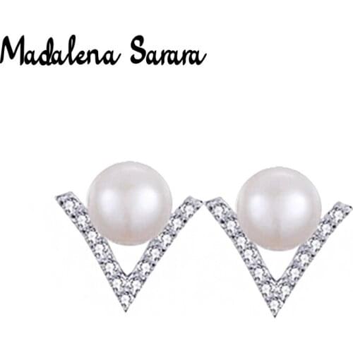 MADALENA SARARA Cubic Zirconia Pave Setting Freshwater Pearl V Alphabet style Women Earrings High Quality S925 Made