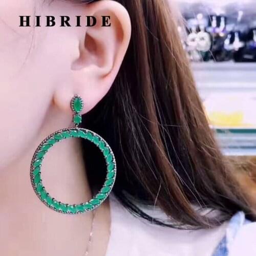 HIBRIDE Beautiful Bohemia Style Green Cubic Zircon Big Round Circle Women Drop Earrings For Wedding Party Jewelry Brincos E-426