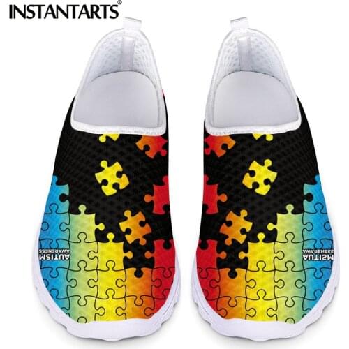 INSTANTARTS 2021 New Style Slip-on Flat Shoe Fashion Autism Awareness Pattern Mesh Sneakers for Women Breathable Slip-on Loafers