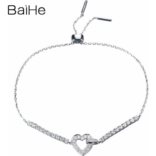 BAIHE Solid 18K White Gold 0.68ct H/SI Natural Diamonds Wedding Women Trendy Fine Jewelry Heart Bracelet Adjustable браслет Gift