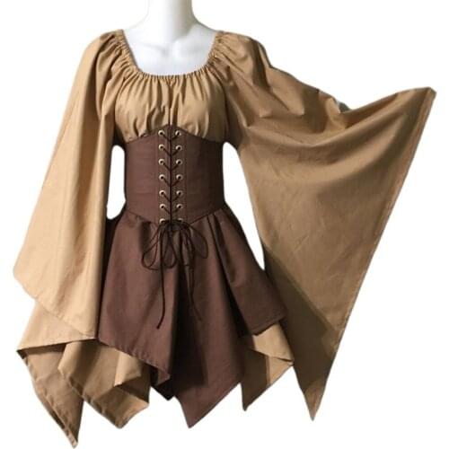 Women Vintage Renaissance Medival Trumpet Sleeve Color Block Patchwork Asymmetric Dress Victorian Gothic Cosplay Party Costume