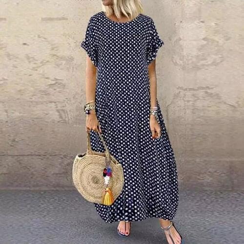 2021 Summer Bohemian Dress Womens Summer Dress Retro O-Neck Long Maxi Dress Womens Casual Polka Dot Fixed Beach Dress Robe