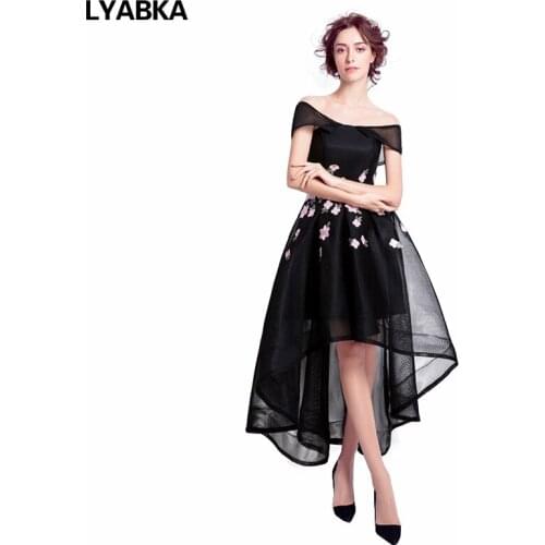Prom Dresses Vestido De Festa Black Tulle With Flowers High/Low Prom Dresses 2019 Style Scoop Neck Prom Dress Vestidos Largos