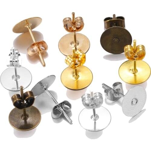 100pcs 4-10mm Bronze KC Gold Metal Blank Post Earring Studs Base Pins With Earring Plug Ear Back For Jewelry Making Findings