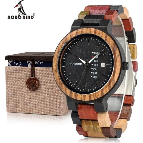 BOBO BIRD Relogio Masculino Wooden Watches with Complete Calendar Week Display Quartz Wrist Wristwatches In Wooden Gift Box