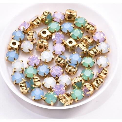 Colorful Opal Glass Sew On Rhinestones With Gold Claw Flatback Round Sew On Claw Rhinestones Opal For Crafts B3783