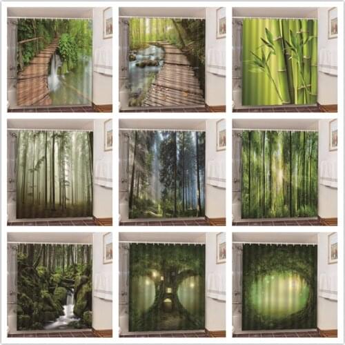 Wooden Bridge Forest Shower Curtains Green Bathroom Waterproof Polyester Fabric Bath Decor Prevent Peeping Blackout 3D Curtains