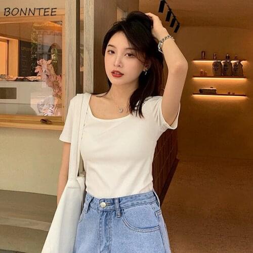 T-shirts Women Slim Sexy Solid Color Square Collar All-match Basic Girls Comfortable Elegant Inside Female Tops Popular Mujer