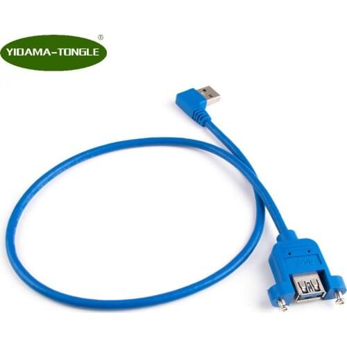 USB 3.0 cable USB3.0 A Male to Female Jack Panel Mount with screws to A Male Right Angled Extension Cable Blue Black 50cm