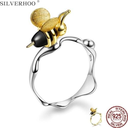 SILVERHOO Natural Gemstone Ring For Women 18K Gold Bee And Dripping Honey Rings 925 Sterling Silver Handmade Silver Fine Jewelry