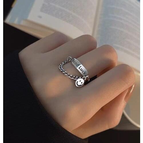 Luxury Smiley Face Open Rings For Women Creative Good Lucky Circle Cute Chain Ring Party Hollow Adjustable Punk Jewelry Gifts