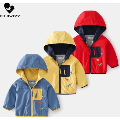 New 2021 Spring Autumn Kids Coats Jacket Boys Fashion Hooded Cartoon Dinosaur Zipper Windbreaker Outerwear Baby Clothes Clothing