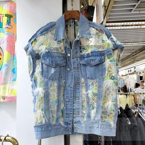 Fashion Floral Vest Women 2021 Summer New Hollow Lace Stitching Denim Coat Girls Ladies Thin Sunscreen Top Chaleco Mujer