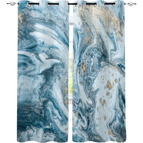 Marble Texture Blue Golden Metal Art Wave Window Curtains LivingRoom Kitchen Curtains Left and Right Biparting Open