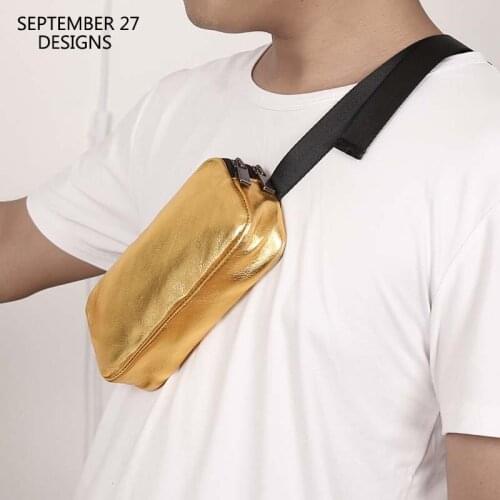 Men Chest Bags First Layer Cow Leather Handmade Top-end Waist Packs Male Genuine Leather Mini Phone Bag Small Crossbody Gold