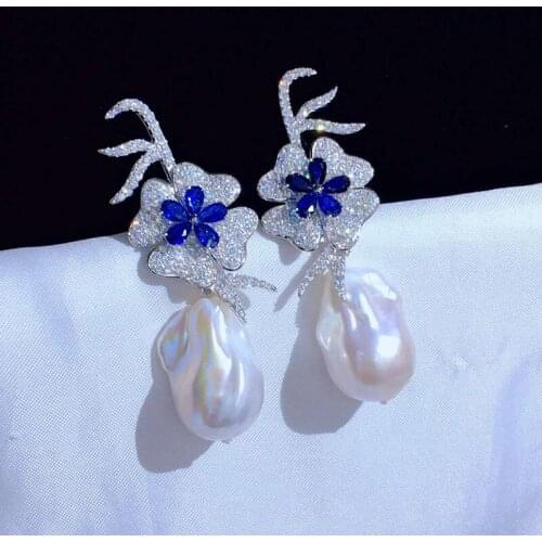 Natural Cultured White Baroque Pearl Cz Pave Flower Stud Earrings