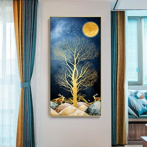 Modern Gold Moon Tree and Deer Canvas Wall Art Paintings for Living Room Bedroom Posters and Prints Home Decoration Picture