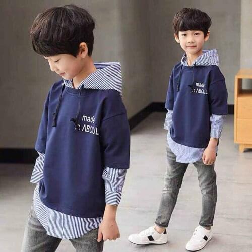 New Spring And Autumn Boys' Hoodie Cotton Striped Casual Sweatshirt Fake Two-piece Fashion Splicing Long-sleeved Boys Pullover