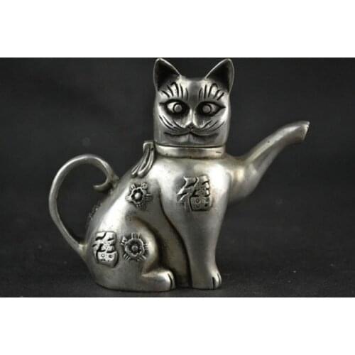 Elaborado chino coleccionable decoración de mano antigua estatua de gato de plata tibetana taza de té de la suerte