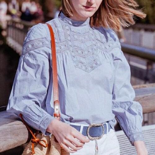 Hollow Embroidery Blouse Stand Up Collar Long Sleeve Woman Lace Patchwork Shirts Tops Female Autumn Vinatge Chic Blouses